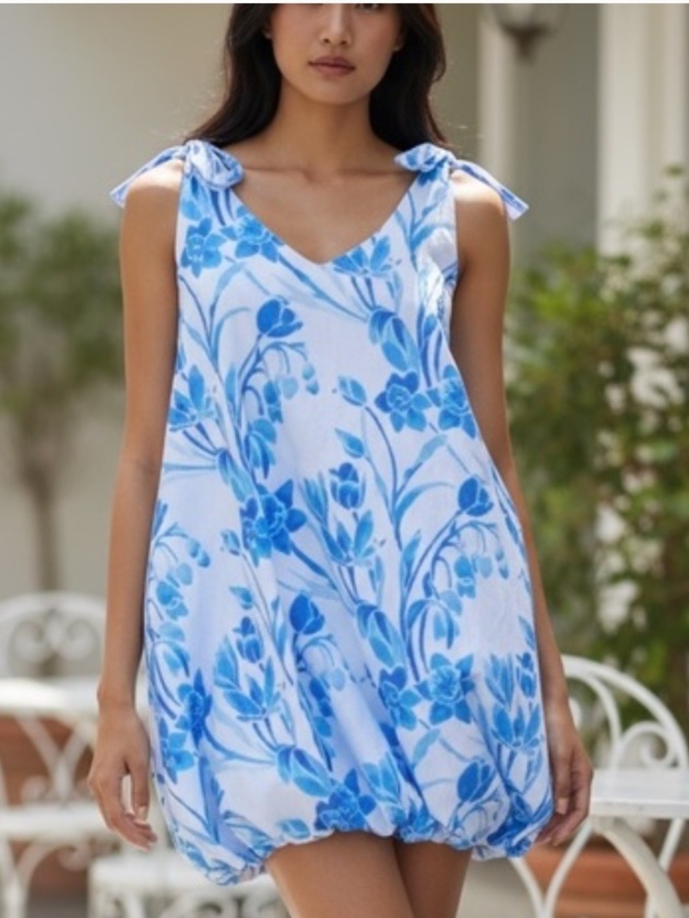 Kenny Flowers Blue Floral Tie Shoulder Bubble Hem Made in Bali Dress Size L